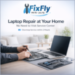 Create a clean and modern square image showing a laptop with heat waves/dust transforming into a clean, cool laptop. Headline: “Reduce Laptop Heating” Subheadline: “Increase Laptop Life & Performance” Use visual contrast (before dirty → after clean). Add small icons: cooling fan, performance boost. Use premium white-blue theme and minimal design. Fixfly logo on top.